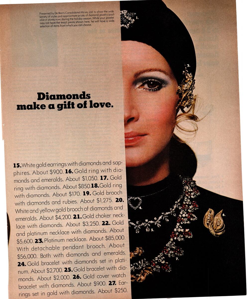 De Beers Diamonds Advertisement 1960s Vintage Gem Jewelry Gift of Love Women